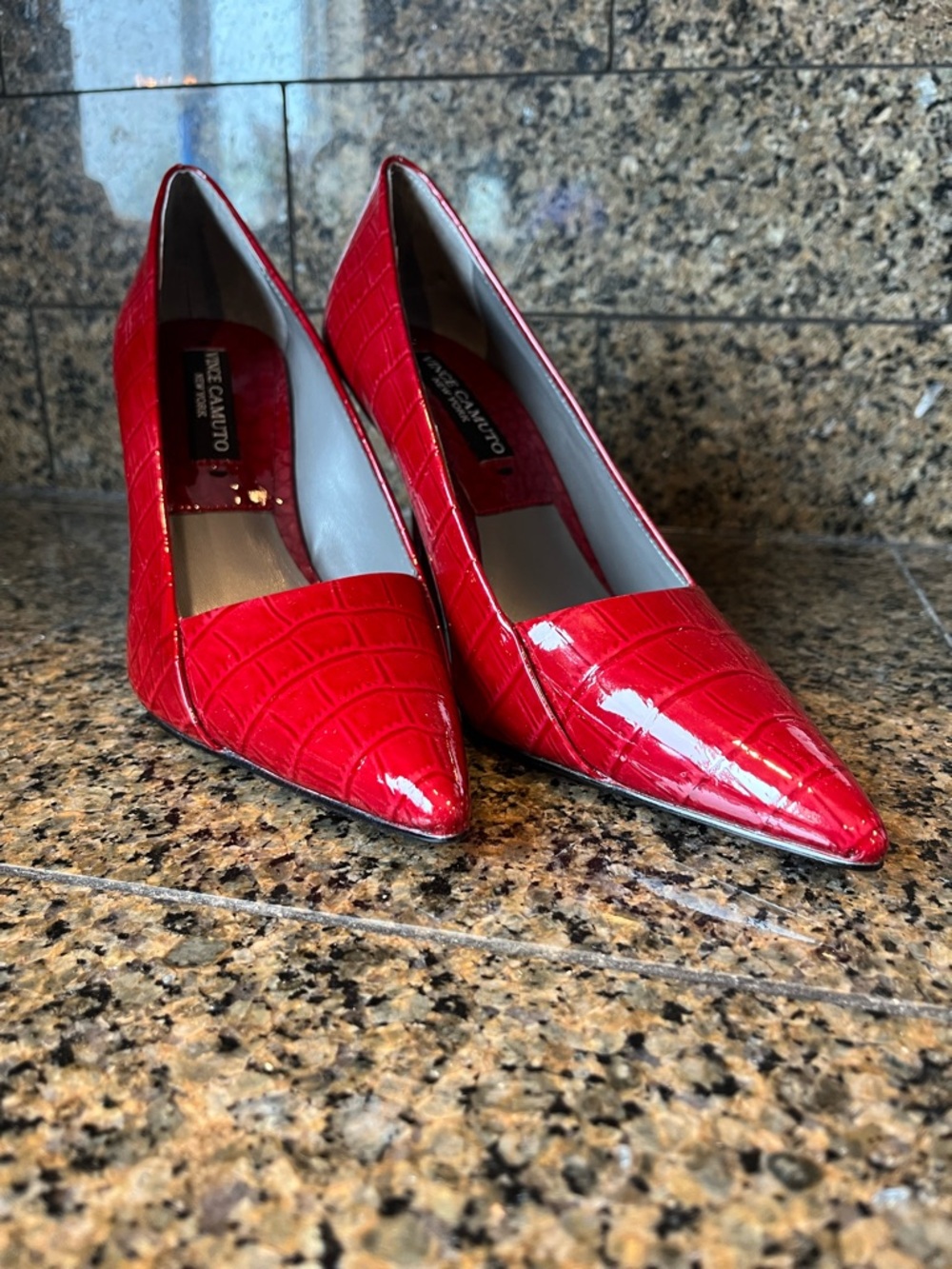 Vince Camuto Red Patent Croc-Embossed Pointed Pumps